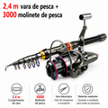 Vara e Molinete de pesca Conjunto Completo -  Feito de fibra de carbono de 1,8 a 3,6 m, super resistente, com vara telescópica e carretel giratório, resistência máxima de 3 a 8 kg.